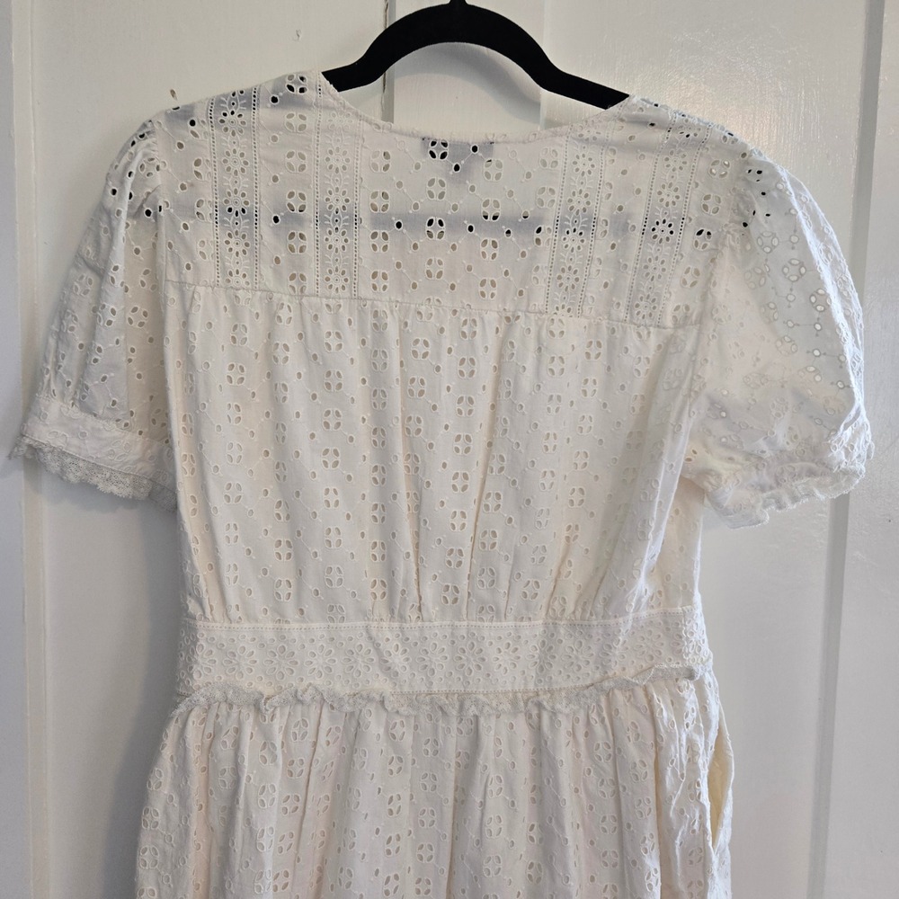 J.Crew White Eyelet Lace Cotton Mini Dress Short Puff Sleeve Button Front Size 4 - Picture 9 of 16